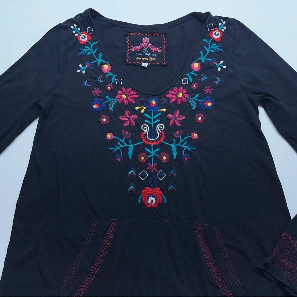 Johnny Was Black Embroidered Floral V-Neck Top Womens Small Long Sleeve Cotton - Picture 2 of 14